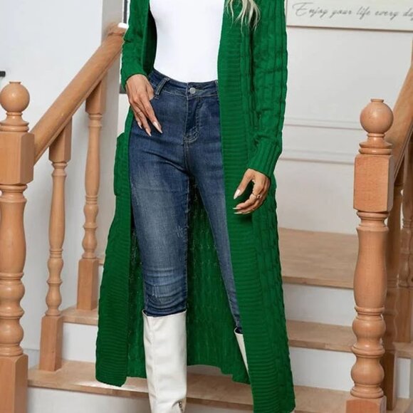 Plain Cable Knit Pockets Open Cardigan - Picture 3 of 4